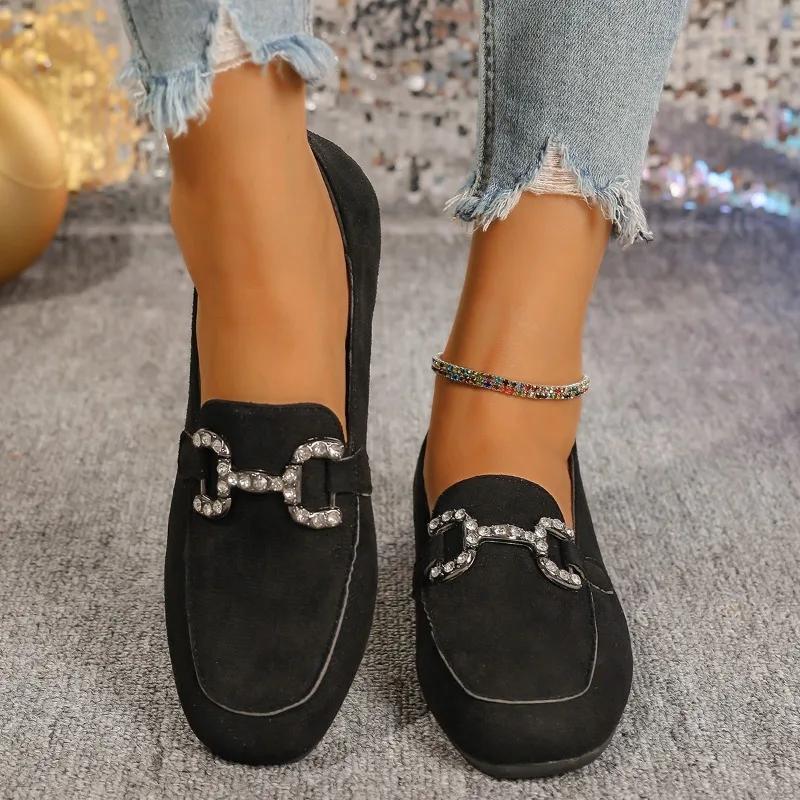 Fashion 2024 Brand Slip on Women's Flats Autumn Square Toe Solid Flock Metal Decoration Low-heeled Casual Shoes
