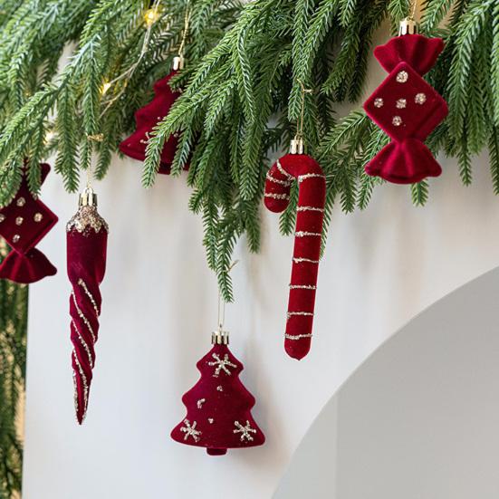 2 Pcs Velvet Christmas Ornaments Shatterproof Glitter Sequins Flocked Bell/Candy Cane/Ice Isicle Hanging Decoration for Xmas Tree Home Party Decor