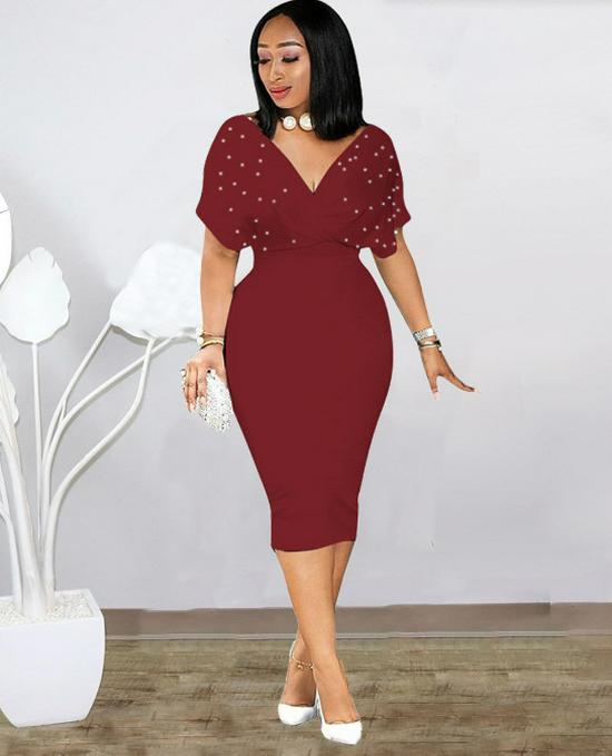 2024 Fashion Solid Color V-Neck Tube Top Dress with Bubble Beads