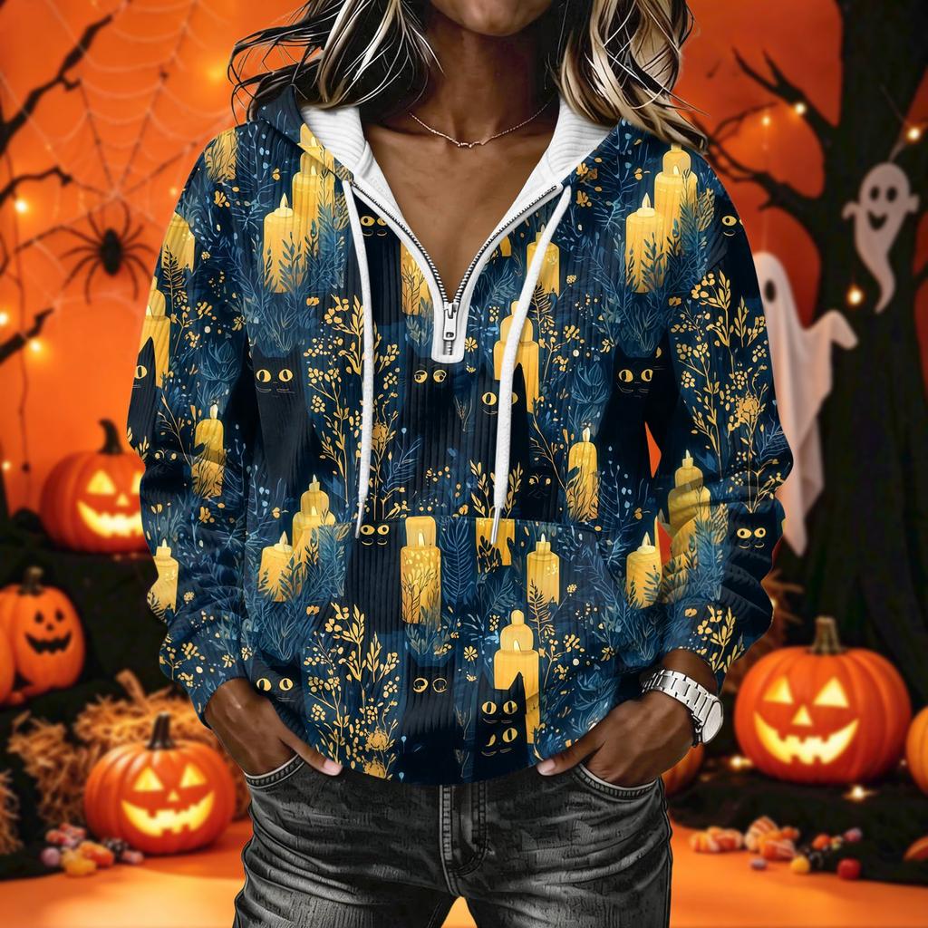 Women's Long Sleeve Halloween Print Pullover Hoodie Sweatshirt with
