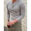 Herren Muscle-Fit Geripptes Henley-Shirt Slim Fit Schwarz Grau Anthrazit Elfenbein M L Freizeit