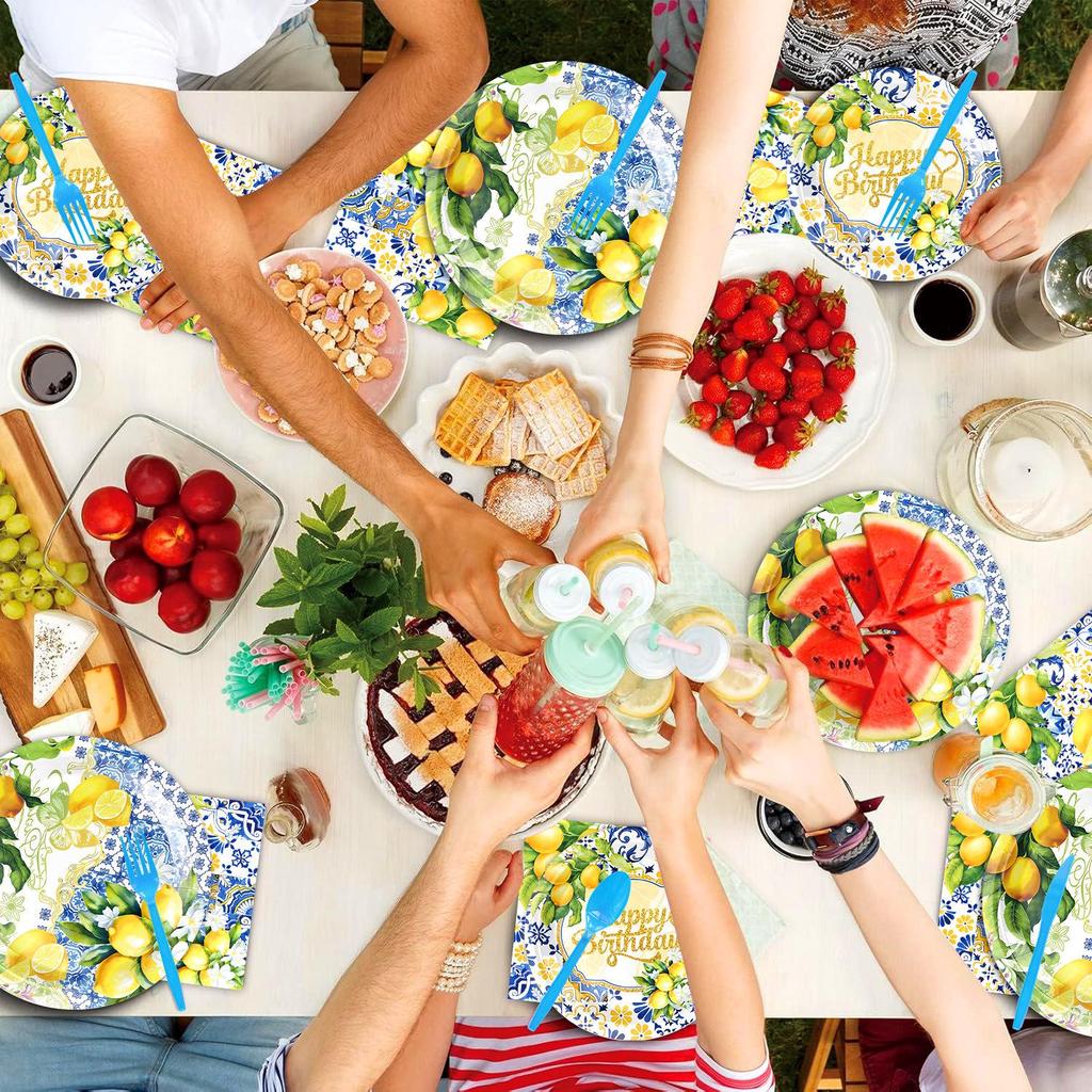 Retro Blue and White Porcelain Lemon-Themed Summer Party Tableware Set - Banner, Paper Plates, and Bunting Decorations