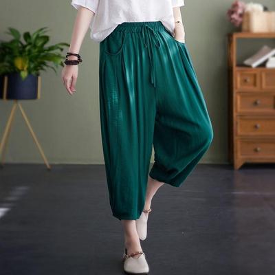 Women's Summer Thin Cotton-Linen Casual Pants Loose Seven-Point Elastic Waist Harem Pants
