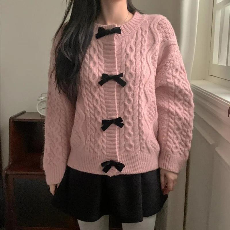 Cardigan Women Bow Soft Glutinous Sweater Women Retro Twist Knitted Outerwear Warm Long Sleeve Top