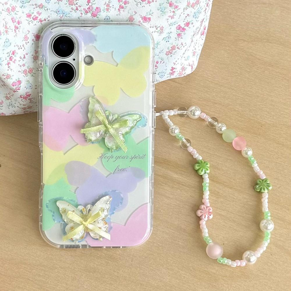 

For iPhone 16 Case IMD 3D Butterfly Design TPU Phone Case with Beaded Strap A