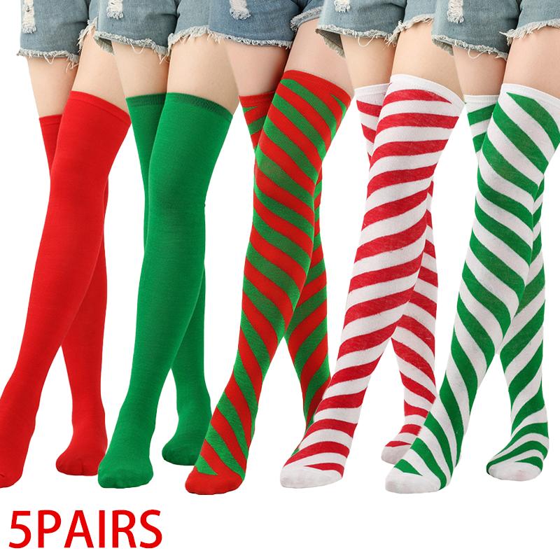 

5 Pairs New Year Christmas Gift Women s Cotton Socks Striped Decorations High Socks Long Stockings Girls Striped Knee Socks 5pairs