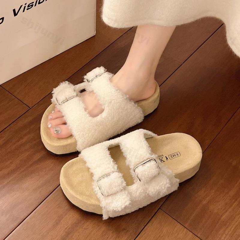 Fashion Fashion Casual Open Toes Casual Plush Slippers for Women 2025 Autumn New Thick Soled Comfortable Buckles Designed Chunky Sandals