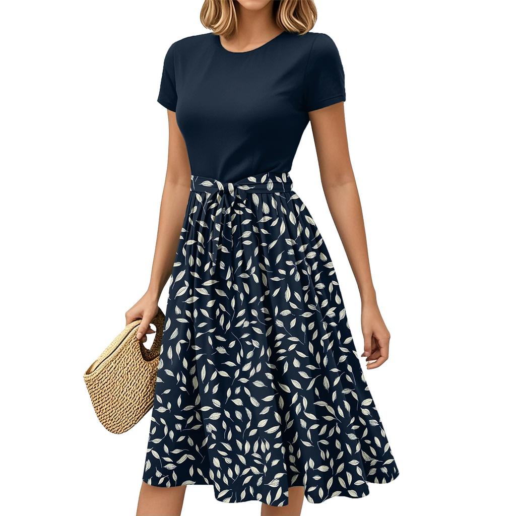 Women's Fashion Casual Belt Short Sleeve Round Neck Geometric Printing Splicing Elegant Temperament Dresses