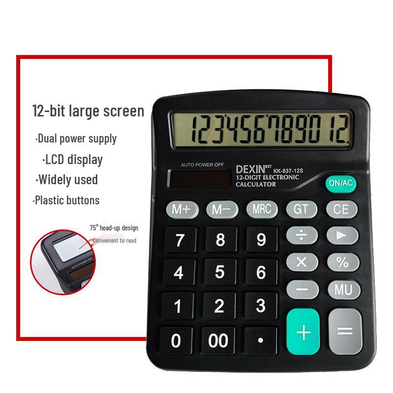 Solar-Powered 12-Digit Desktop Calculator with Large Display for Office Use