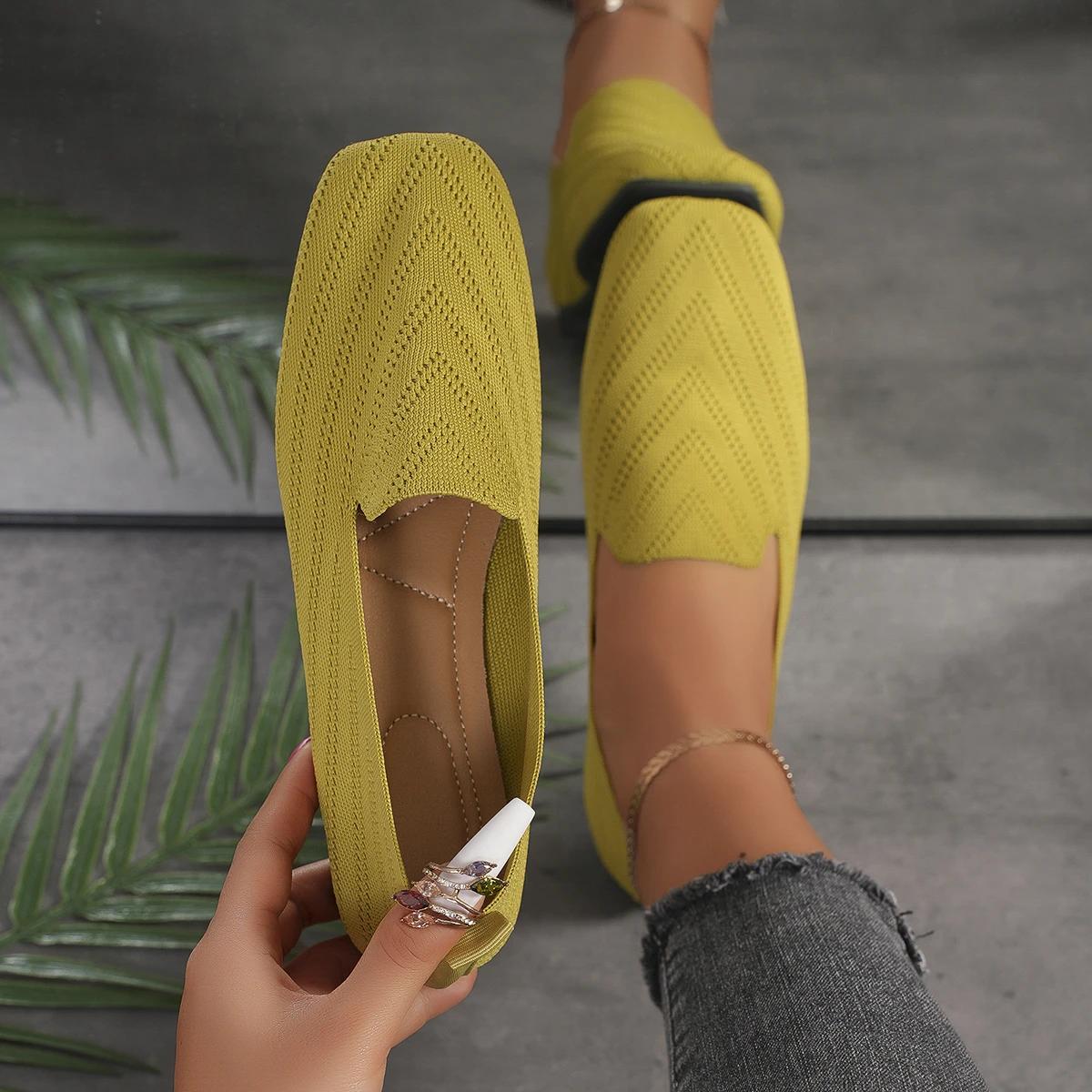 

Женские туфли на плоской подошве 2024 года, новые мокасины с квадратным носком из сетки, мягкие трикотажные балетки для женщин, повседневные кроссовки на плоской подошве для женщин 43 жёлтый