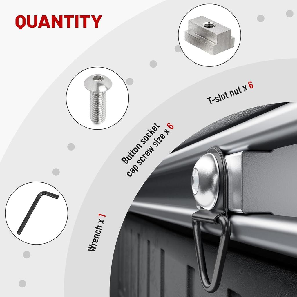 RED WOLF 3/8"-16 Thread T-Slot Nut For Toyota Tundra Tacoma Pickup Truck Cargo Bed Rail Deck Cleat Rack Trail 304 Stainless Steel Tie Down 6 Pack