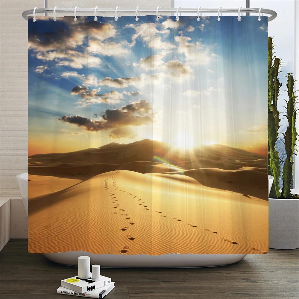 Natural Desert Scenery Shower Curtain 3D Printed Landscape Bathroom Curtain Fabric Bath Curtains Home Decor Waterproof With Hook
