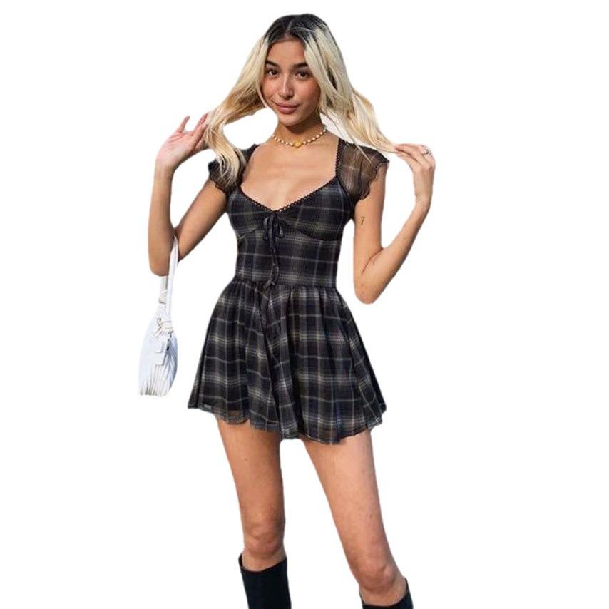 European & American Summer Women's Mesh Plaid Square Neck High Waist Slimming Jumpsuit & Skirt