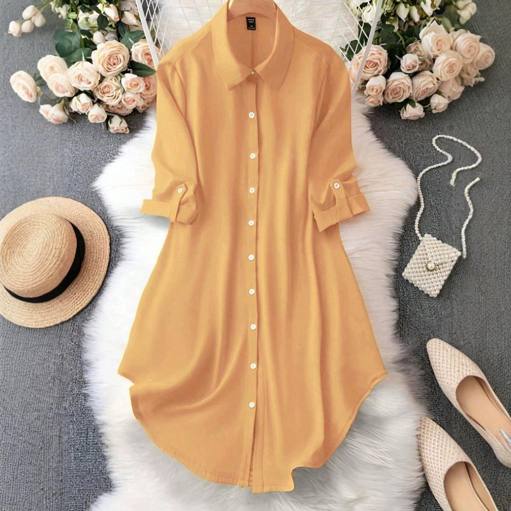 Spring Women's New Loose Solid Color Shirt with Lapel, Three-quarter Sleeves, and Mid-length Dress