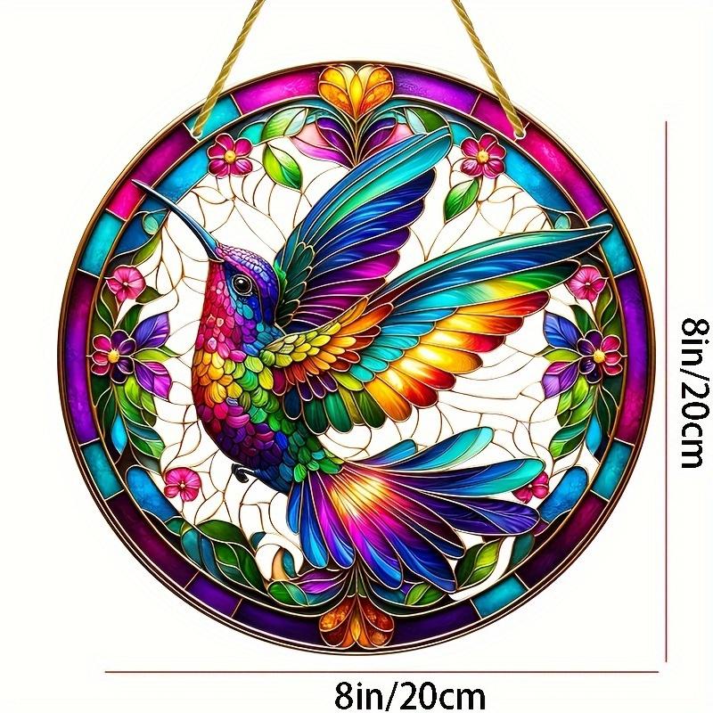 Hummingbird Stained Glass Art. 8x8 inch acrylic with floral design for home or bar. A perfect gift.