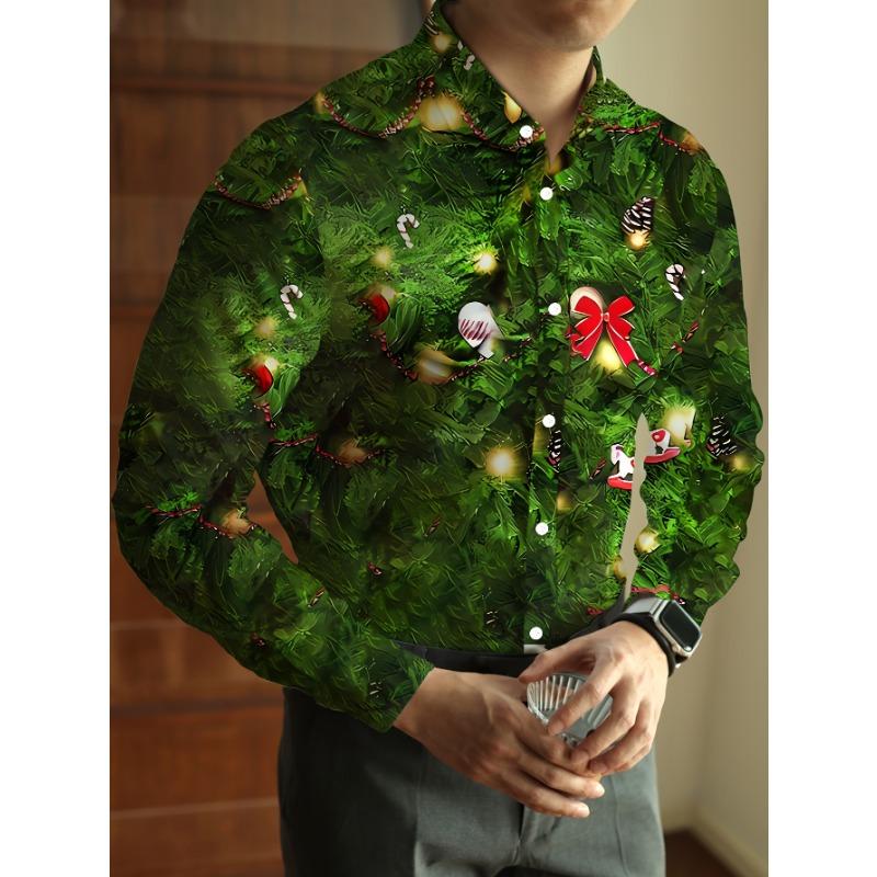 Christmas Festival Theme Men's 3D Printed Formal Shirts Christmas Tree Santa Claus Graphic Long Sleeve Shirt Fashion Men's Shirt