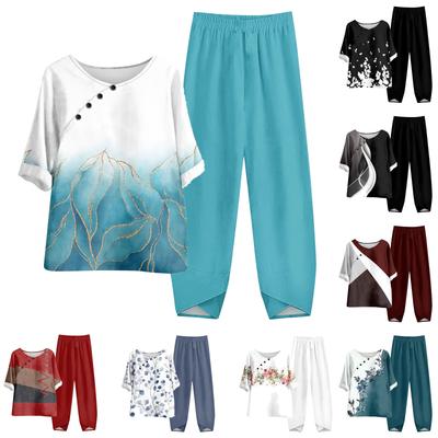 Ensemble deux pièces pour femmes, haut imprimé à manches mi-longues, taille élastique, pantalon neuf pièces, été
