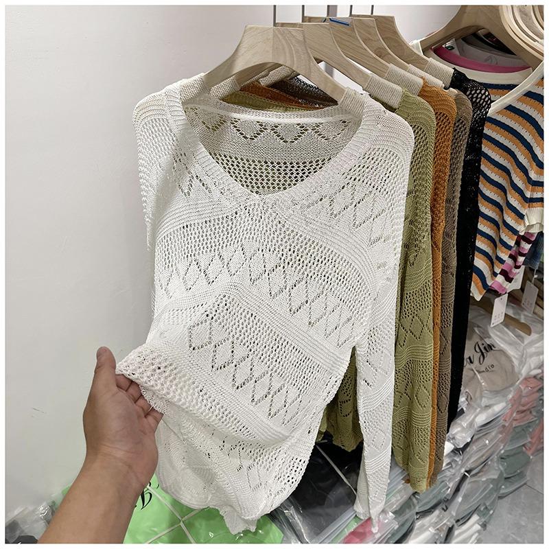 Весенний тонкий повседневный вязаный свитер с длинным рукавом, женский элегантный однотонный модный свободный пуловер, свитера для женщин, летний новый тонкий простой трикотаж 26590 One Size