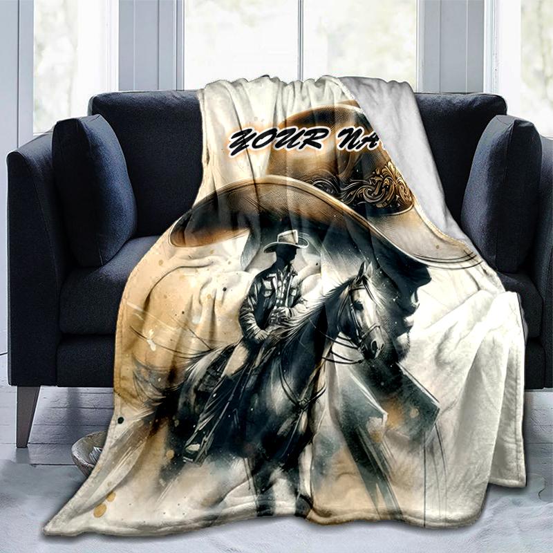 1PC Custom Name Rodeo Legend: Cowboy Spirit Outdooor Flannel Blankets Throw Blanket All-Season Throw Gift Bedspread for Couch, Bed, Camping Holiday Bi