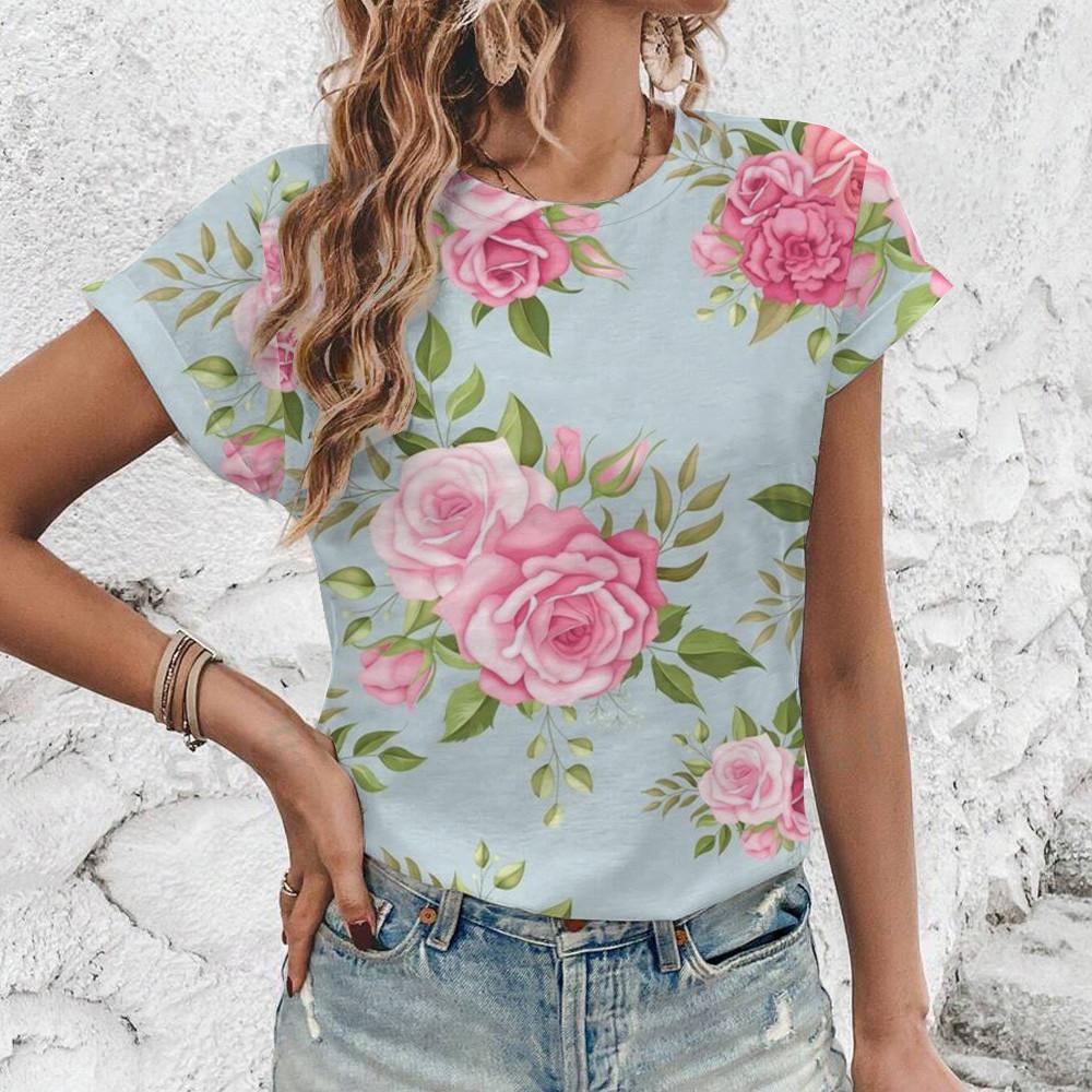 Elegant Simple Loose Women's T-shirt Summer Breathable Comfortable Round Neck T-shirt Fashion Vintage Flower Print T-shirt