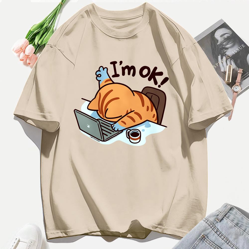 A Cat That Persists In Work Print Women T Shirts Casual Hip Hop Tees Tops Multicolor Cotton Sportswear Loose Short Sleeve Female