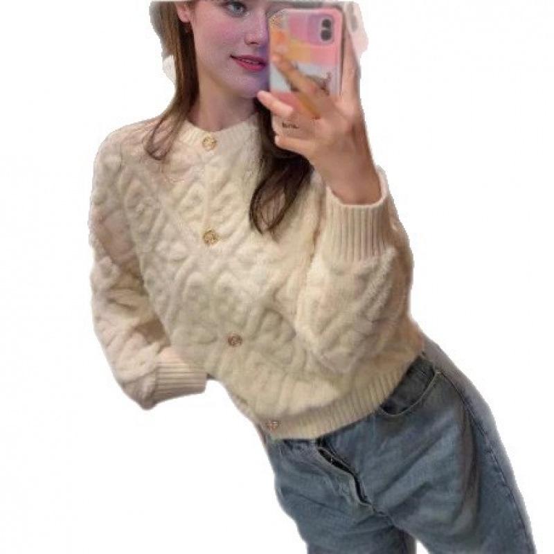 Women's High-End Retro French 3D Jacquard Cardigan: Loose, Thick Knit Coat for Spring, Autumn, and Winter