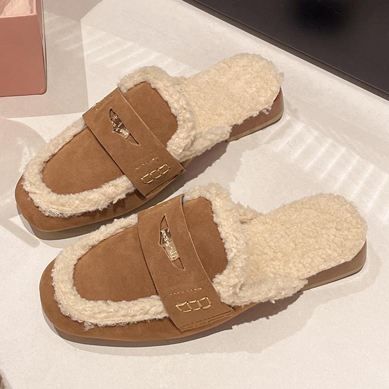 Autumn Women's Shoes New Thickened Plush Warm Mules Retro Faux Suede Moccasin Metal Coins Penny Loafers Fashion Fleeces Slippers