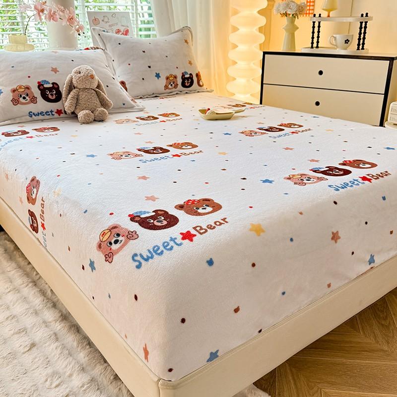 Soft Bedsheet Warmth Fitted Sheet Cartoon Style Bed Linen Velvet Bed Cover Sheets with Elastic Band Drap De Lit (No Pillowcase)