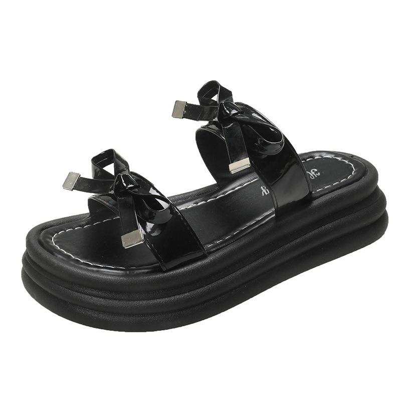 

Бантовые тапочки женские летние новые пляжные туфли, модная толстая подошва для увеличения роста, повседневные крутые шлепанцы женские 40 чёрный