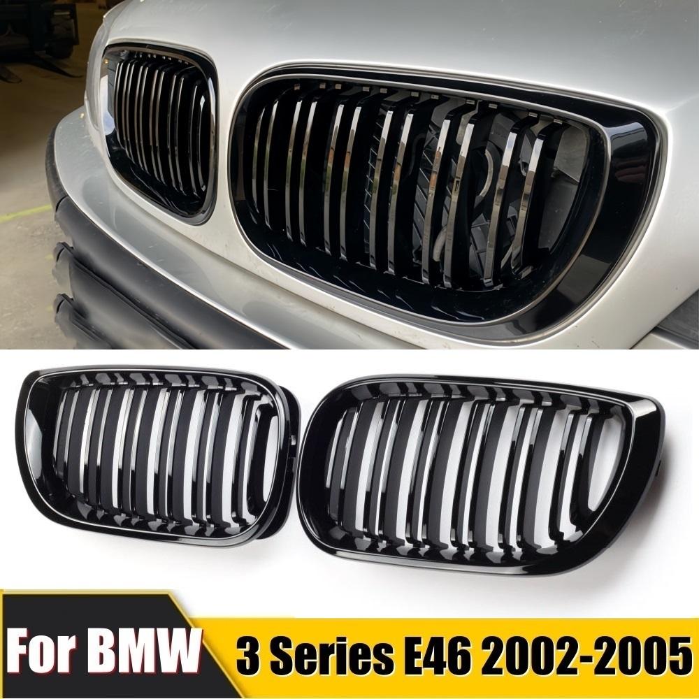 1Pair For BMW 3 Series E46 Car Front Bumper Grilles Racing Grill Kidney Dual Line Grills Gloss Black Grille 4 Door 2002-2005
