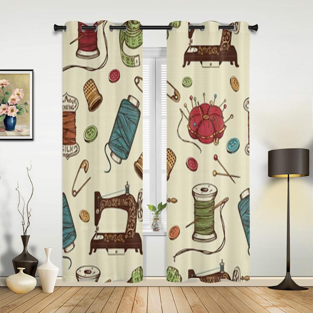 Hand Drawn Of Sewing Tools Window Curtains For Living Room Luxury Bedroom Decor Drapes Kitchen Window Treatments Curtains