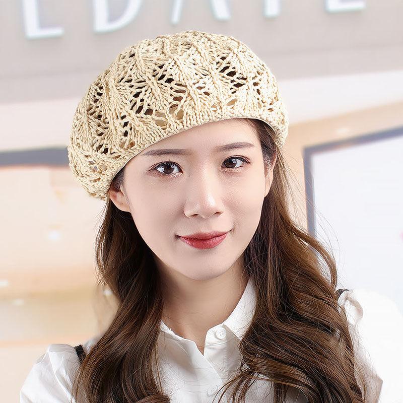 Women's Spring and Summer Hollow Knitted Beret Summer Crochet Pumpkin Hat Straw Hat Sweet Straw Cap