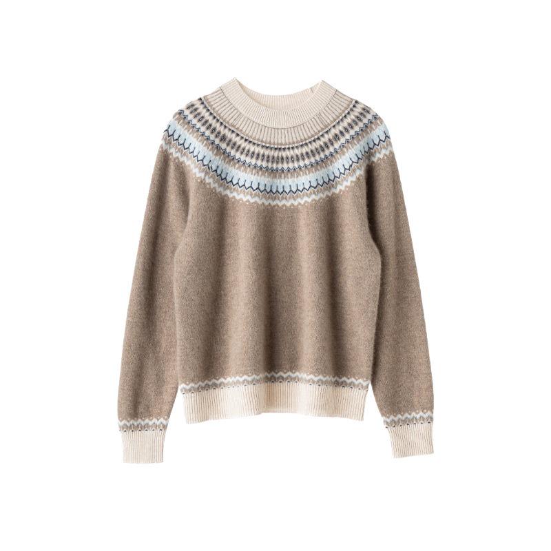 Women's Retro Ethnic Round Neck Cashmere Stripe Long-Sleeve Jacquard Base Layer Shirt