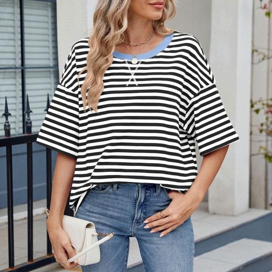 Yousheng Women T-shirt Loose Fit Striped Print Round Neck Short Sleeve Tee Tops Elastic Fit Summer Pullover