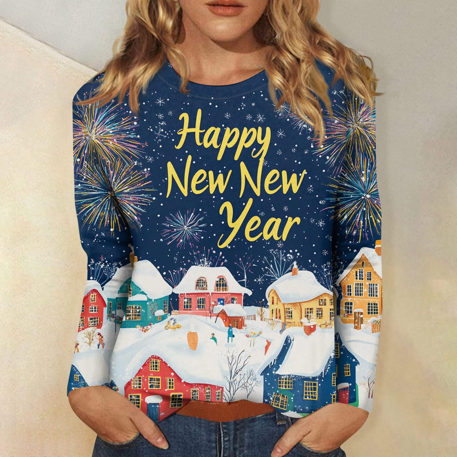 Women s Casual Fashion Sexy Comfortable Christmas Printed Round Neck Long Sleeve Top XL