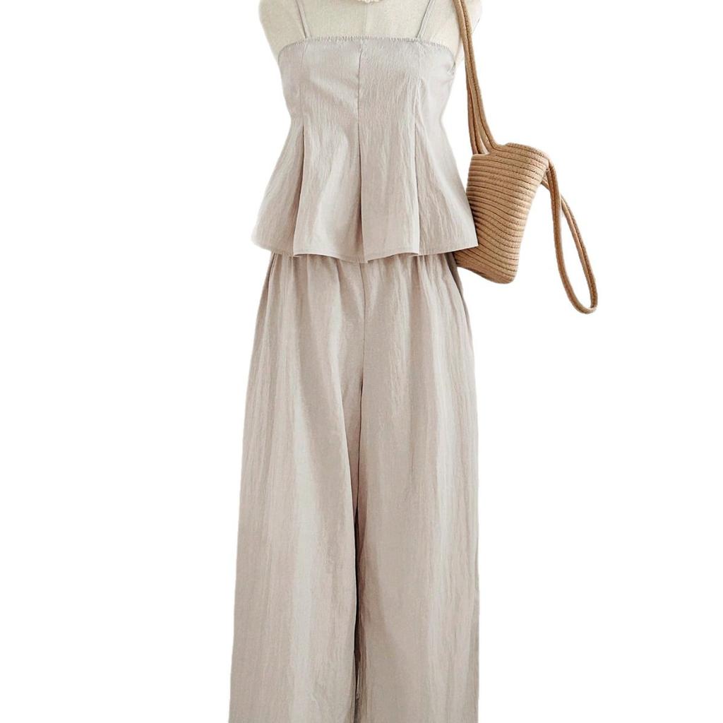 Women's Cami Top and Wide Leg Pants Set Solid Color Casual Two Piece Outfit
