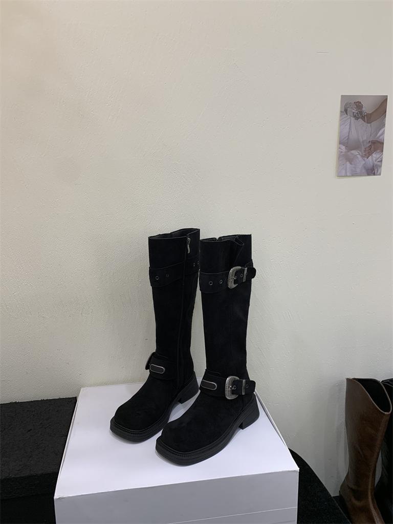 Spice Girl Fashion Tall Fashion Boots Women's 2025 Autumn and Winter New Metal Belt Buckle Square Head Middle Heel Boots