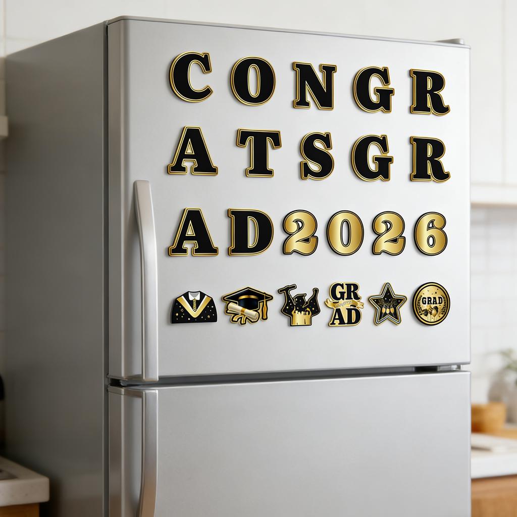 22Pcs Black-Gold Magnetic Fridge Stickers Graduation Party Decor for Classroom Refrigerator