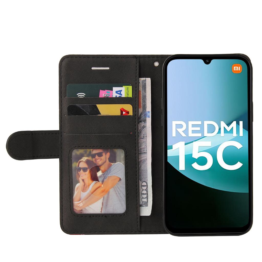 For Xiaomi Redmi 15C 4G (171mm) Leather Phone Case Stand Wallet with Bi-colour Splicing Design