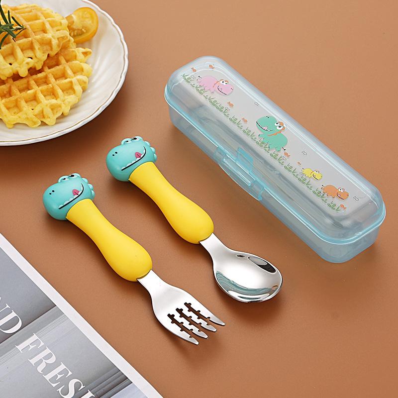 304 Stainless Steel Baby Tableware Set - Includes Spoon, Fork, Anti-Fall Cute Cartoon Chopsticks for Kids
