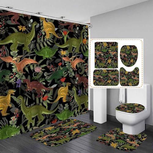 4-Piece Dinosaur And Microphone Pattern Shower Curtain With Hook Bathroom Compartmentary Curtain Bathroom Accessories Home Decor