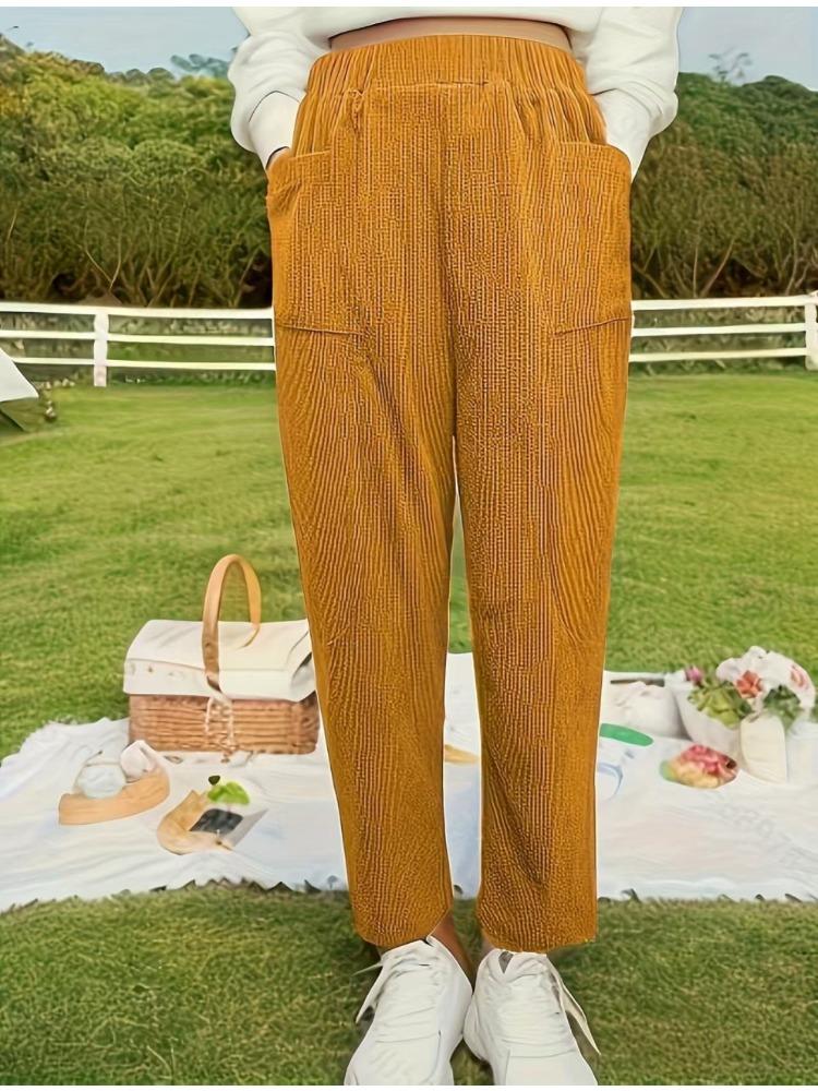 Single-layer Corduroy Harem Pants for Spring and Summer, Solid-coloured Literary and Retro Women's Loose-fitting Pocket Casual Trousers
