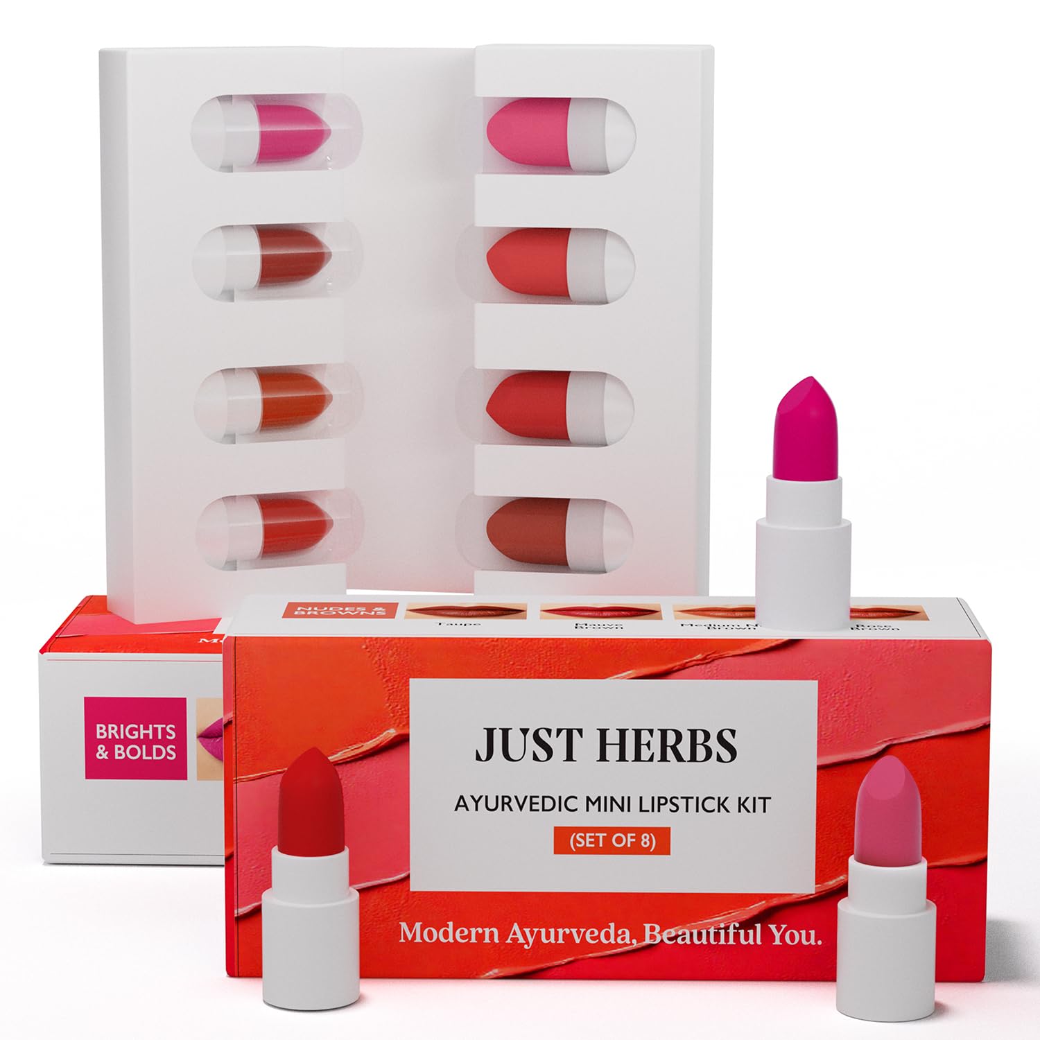 

Аюрведический набор помад Just Herbs Micro-mini | Набор из 8 матовых помад | Стойкий | Невесомый | Аюрведическая формула | Удобен для путешествий - 9,6 г
