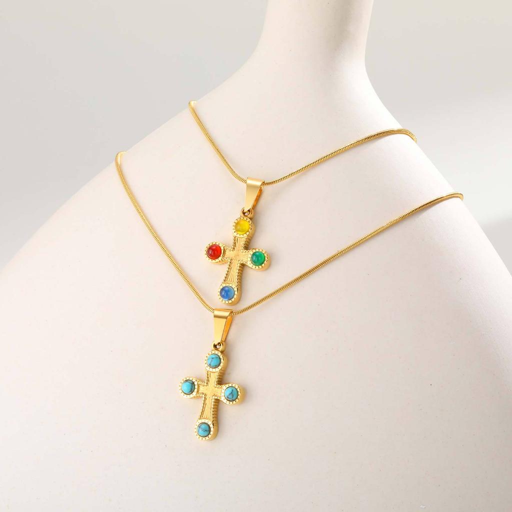 Stainless Steel Inlaid Natural Stone Cross Pendant Necklace Women'S Retro High-End Jewelry Pn-2197