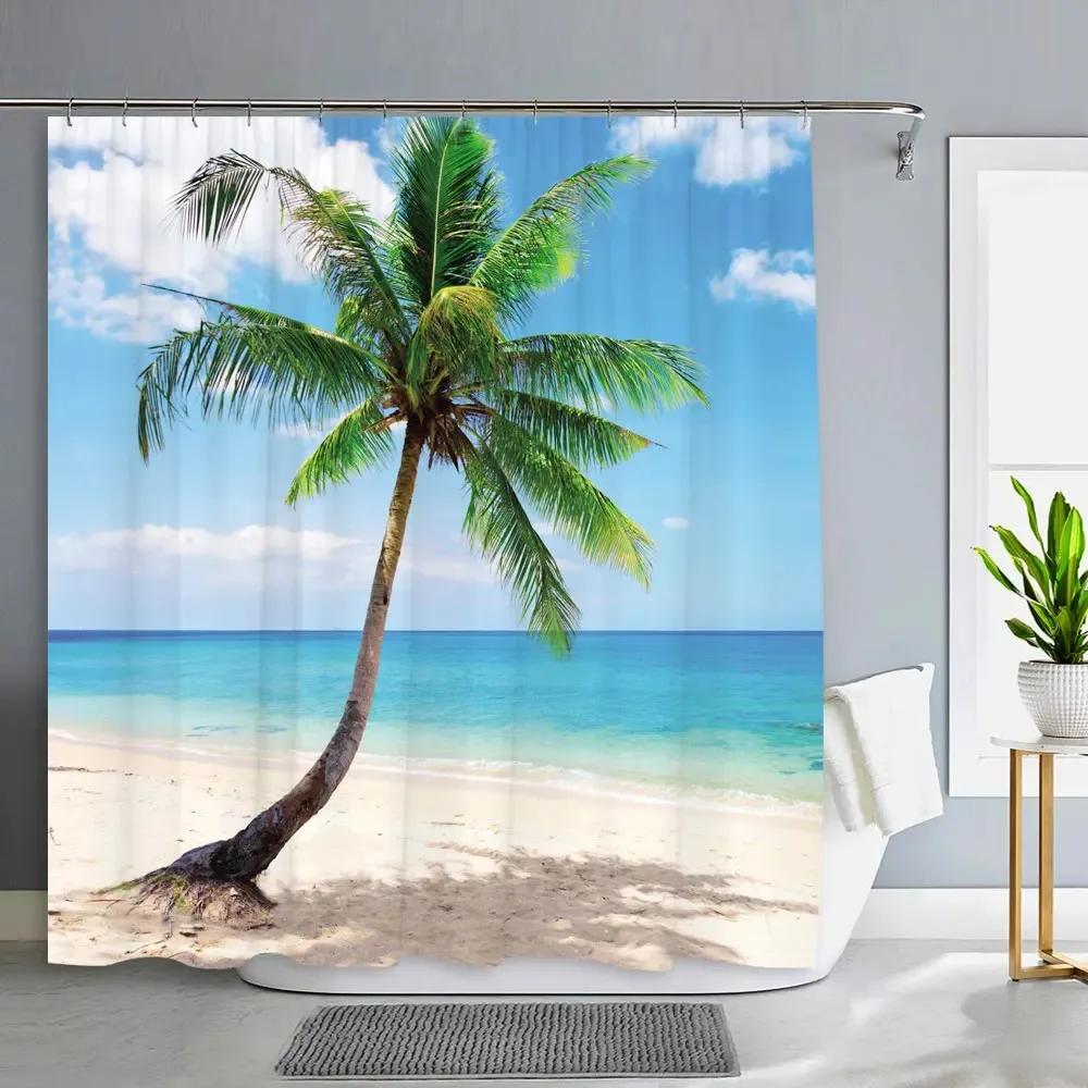 1PC Green Tropical Plants Shower Curtains for Bathroom Polyester Seaworld Shower Curtain Printing Curtain Beach Shower Curtains