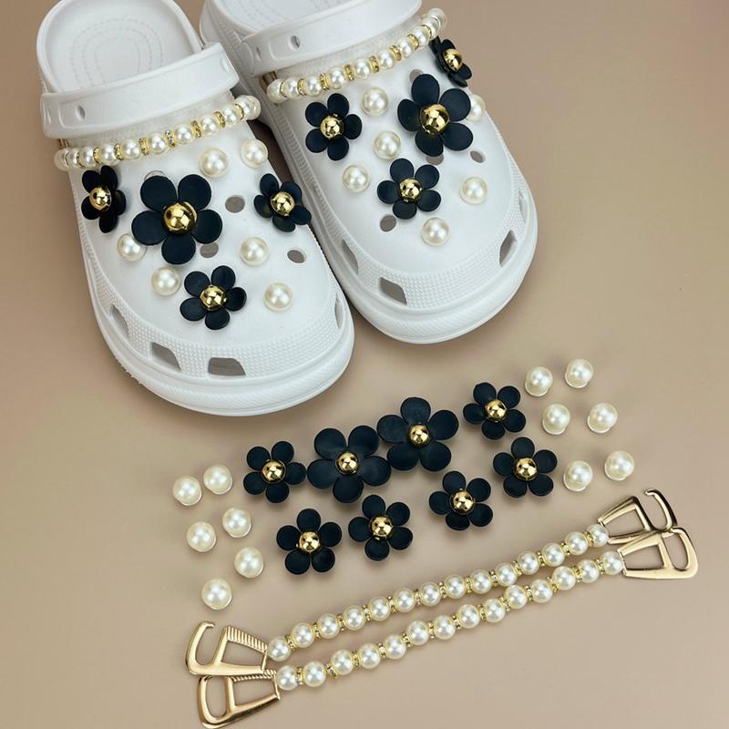 Luxurious Pearls Black Flowers Shoes Charms Sandals Charms Decoration Set for Kids and Women Hole Shoes Accessories