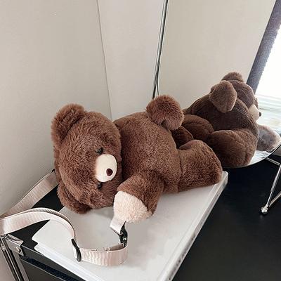Women Cute Little Brown Bear Shoulder Bag Girl Personality Cartoon Doll Plush Backpack Gift