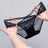 French Satin Lace Patchwork Hip-Hugging Strappy Cutout Seamless Triangle Panties for Women.