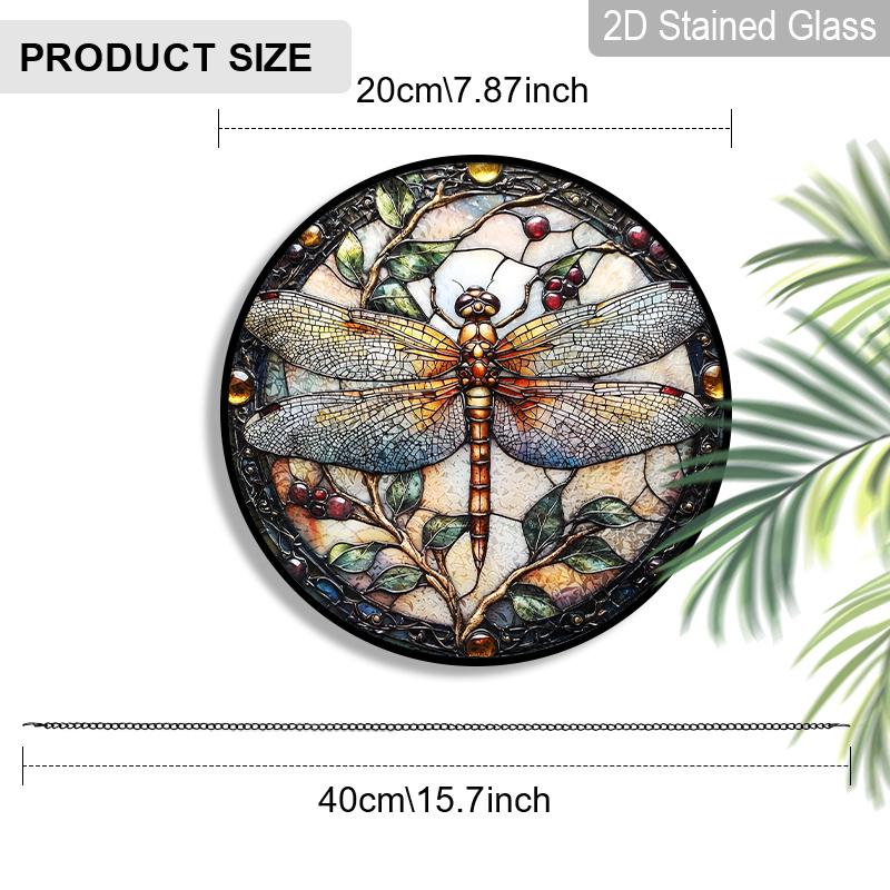 2D Flat Stained Glass Dragonfly Window Decoration, 7.87inches Colored Glass Plate with Chain Window Door Wall Decor, Charming Spring Summer Sun