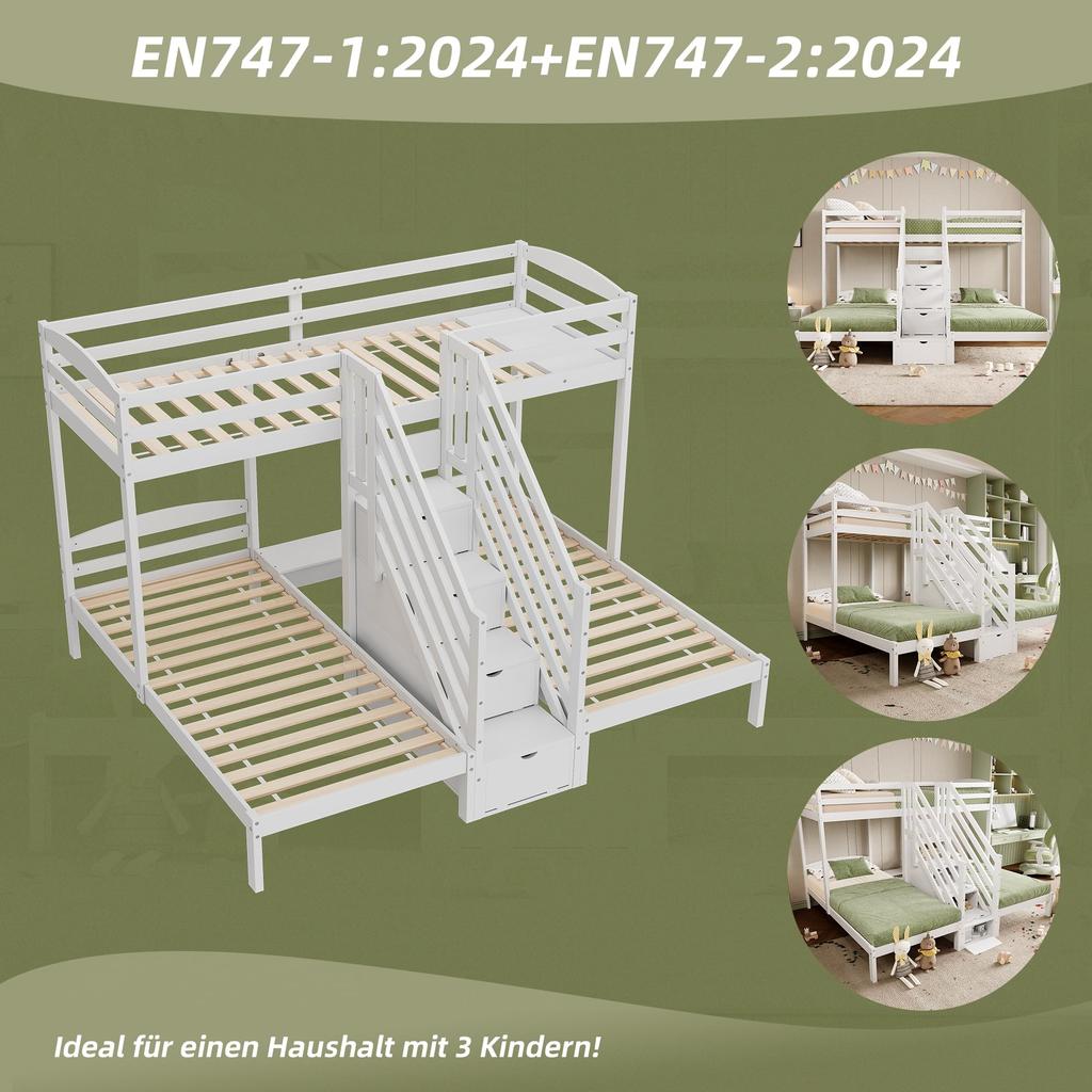 Etagenbett 90x200 3 Kinder EN747 zertifiziert Hochbett Holzbett Stauraumtreppe Jugendbett 3 Betten Lattenrost ohne Matratze Weiß
